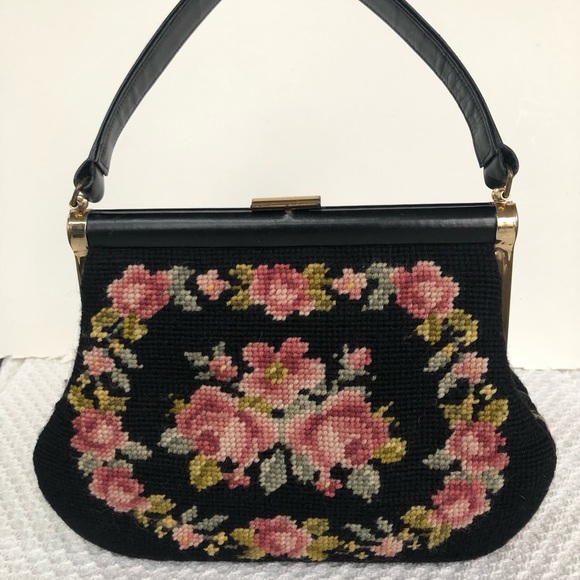 Vintage Needlepoint Handbag, Floral Tapestry Design, Leather Trim, EUC - Picture 1 of 10